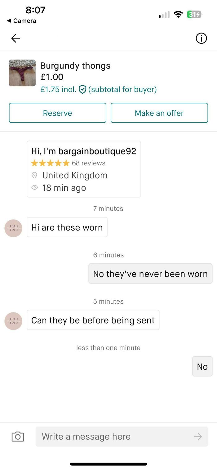 Chat conversation about burgundy thongs on Vinted showing unhinged online selling behavior in a wild Vinted post.