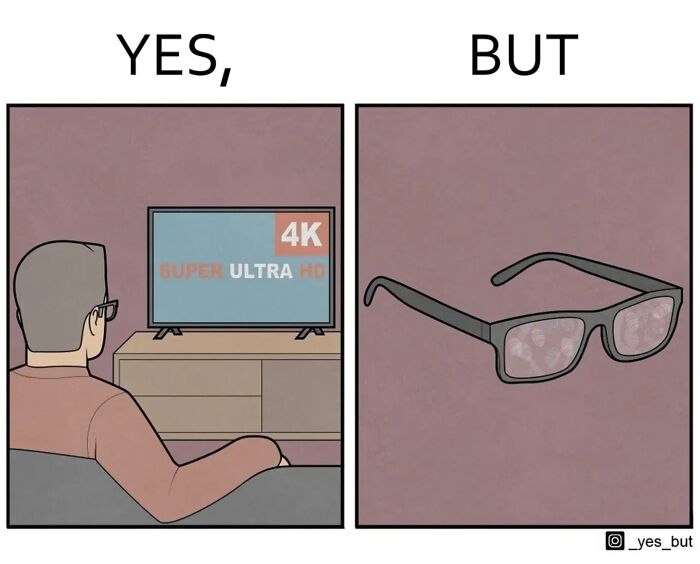 Man watching 4K TV contrasted with glasses reflecting faces, illustrating artist's take on society’s double standards.