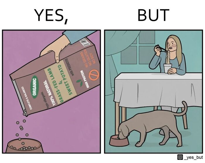 Illustration of a "Yes, But" comic showing pet food being poured and a woman eating noodles while dog eats separately.