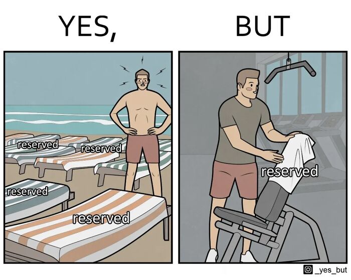 Illustration highlighting society’s double standards showing reserved lounge chairs on the beach versus reserved gym equipment.