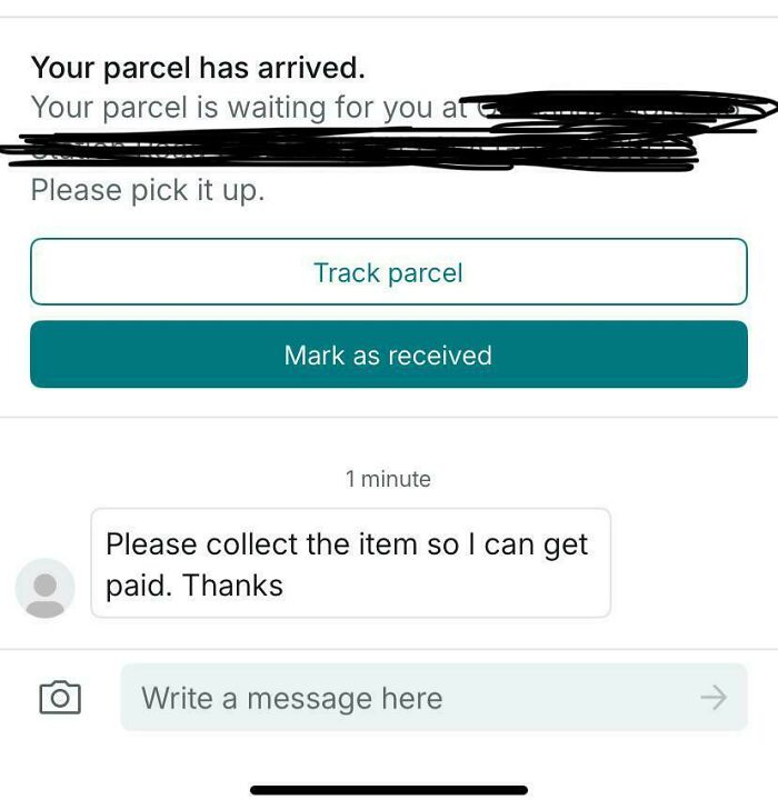 Screenshot of a Vinted parcel notification with a message urging buyer to collect item to get paid.