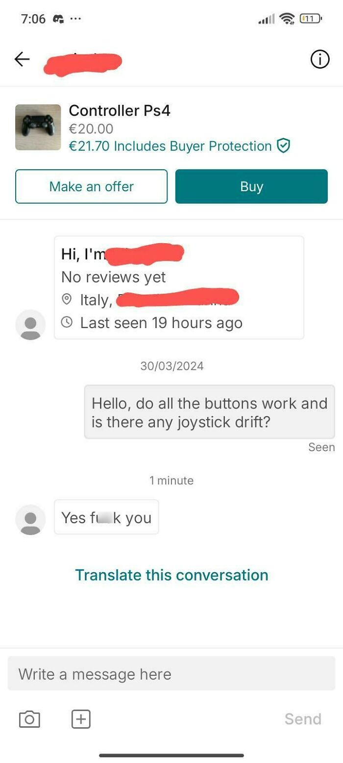 Chat exchange on Vinted showing unhinged seller response about a PS4 controller listing with buttons and joystick inquiry.