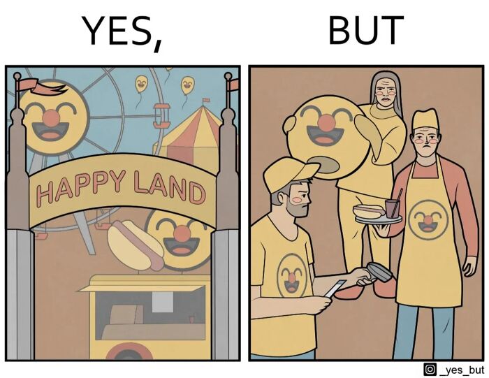 Amusement park entrance labeled Happy Land contrasted with unhappy workers wearing matching emoji uniforms illustrating society’s double standards.