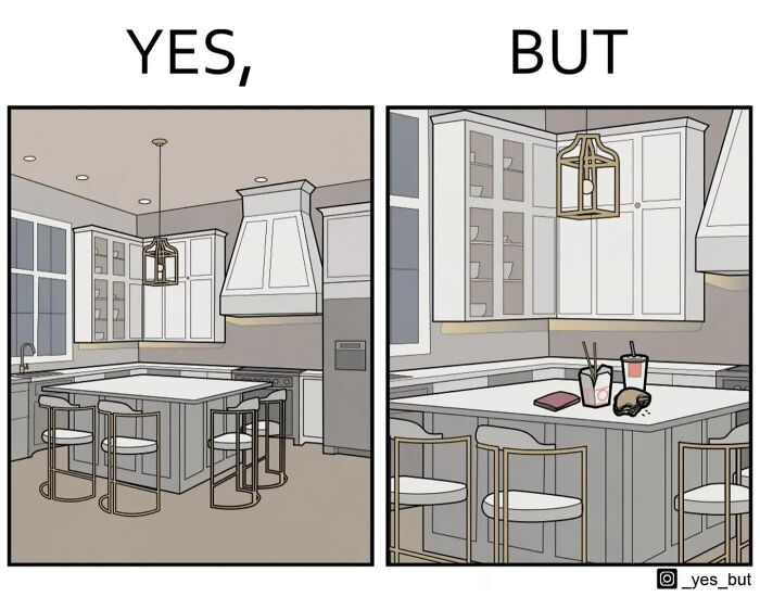 Minimalist kitchen illustration contrasting empty and cluttered spaces, highlighting society’s double standards through art.