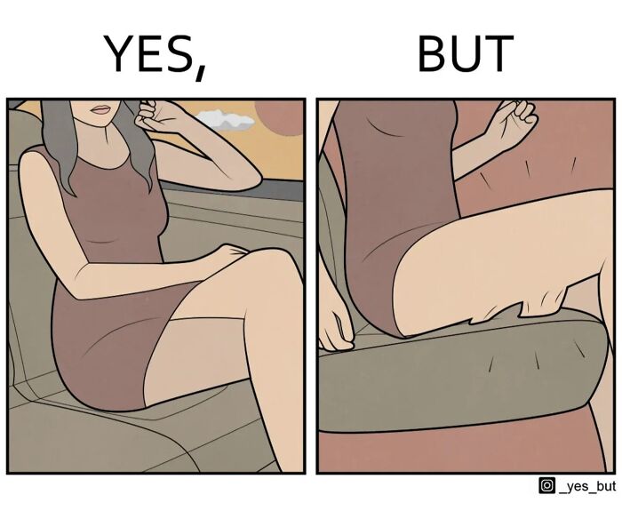 Illustration showing society’s double standards with a woman sitting confidently versus being judged for leg position.