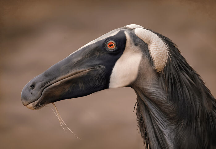 Close-up of a prehistoric bird with detailed feathers and red eye, showcasing nature was metal thousands of years ago.