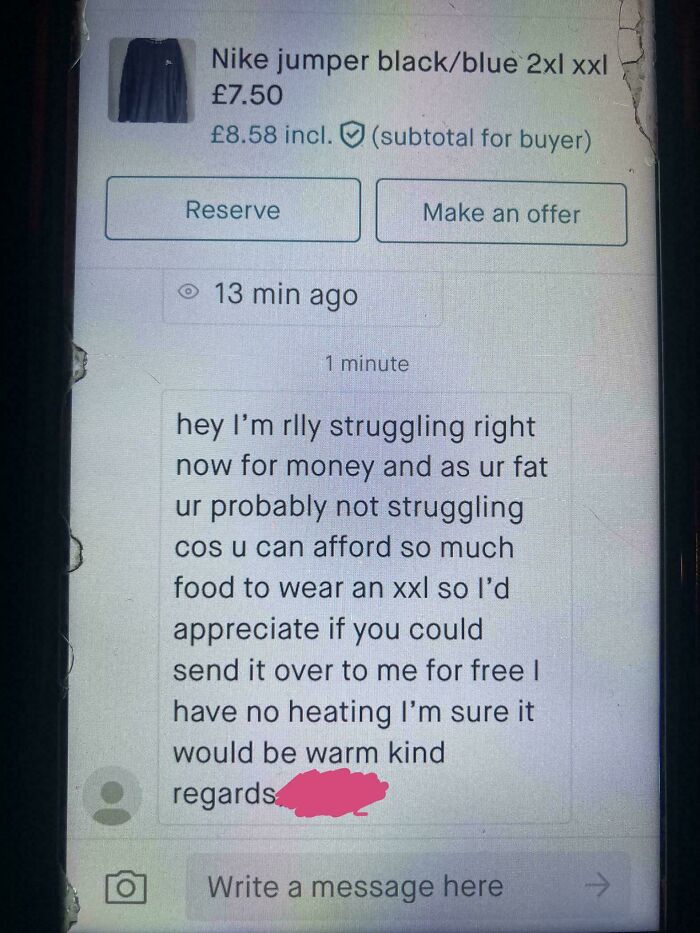 Chat message on Vinted requesting free clothes, showcasing how unhinged online selling interactions can get.