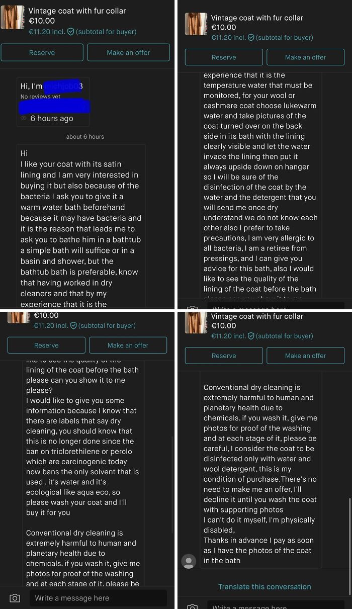 Chat messages on Vinted showing buyer demanding proof of eco-friendly cleaning for vintage coat due to health concerns in wild online selling post.