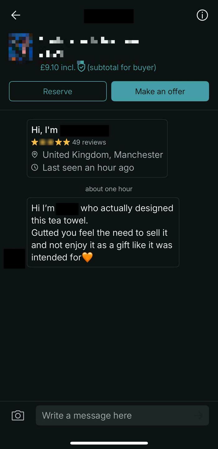 Screenshot of a wild Vinted post where the designer expresses disappointment over the resale of their tea towel gift.