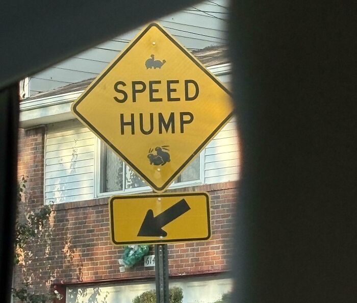 Yellow road sign humorously altered with cartoon rabbits for a speed hump, showing random notes and messages to lighten life.