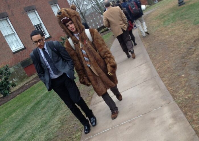 Person wearing a humorous bear uniform walking next to someone in a suit on a college campus sidewalk.