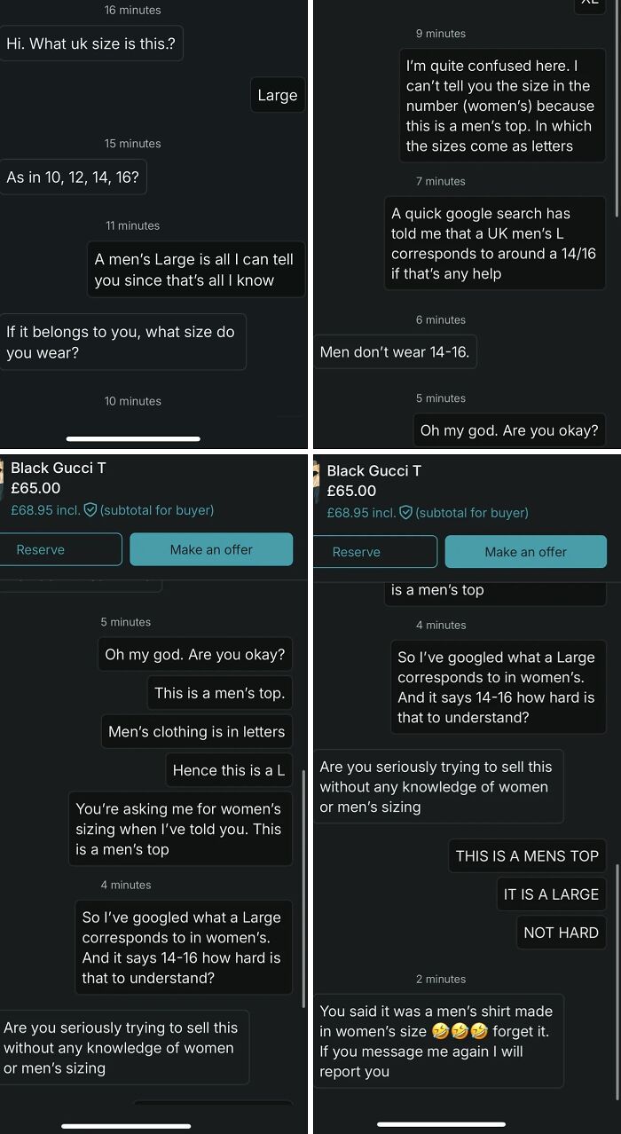 Conversation showing confusion over UK men’s and women’s clothing sizes in a wild Vinted online selling chat.