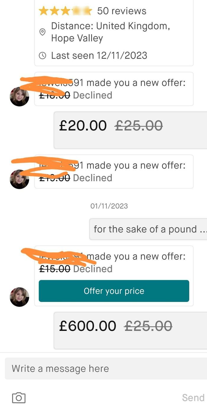 Chat conversation on Vinted showing multiple declined low offers before a final ridiculously high offer, highlighting wild online selling behavior.