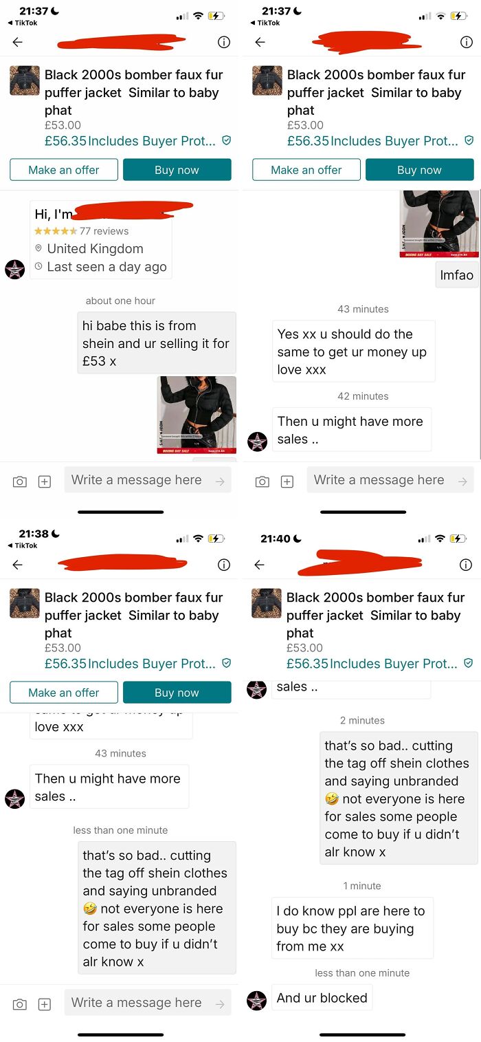 Chat conversation on Vinted about selling a faux fur puffer jacket, showing unhinged online selling behavior.