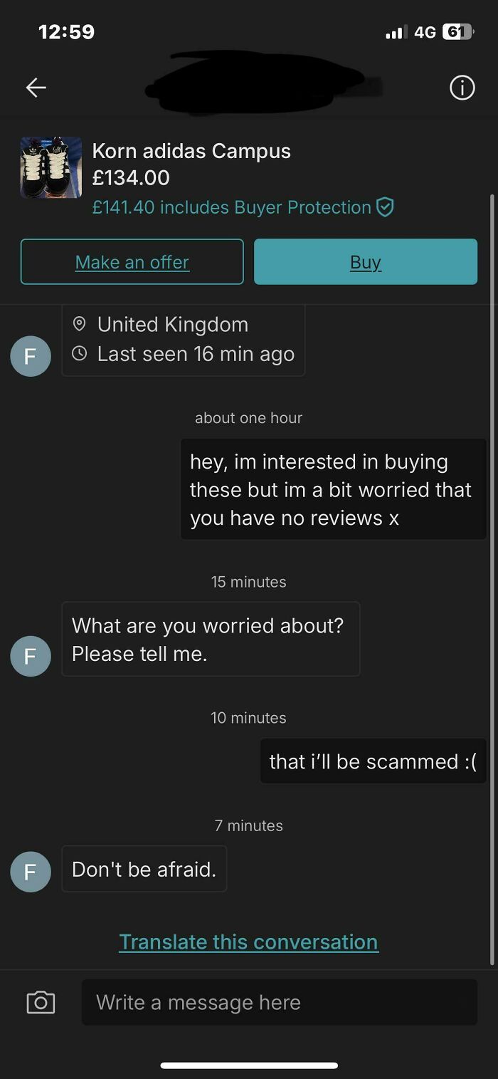 Chat exchange on Vinted with buyer worried about no reviews and potential scam in online selling conversation.