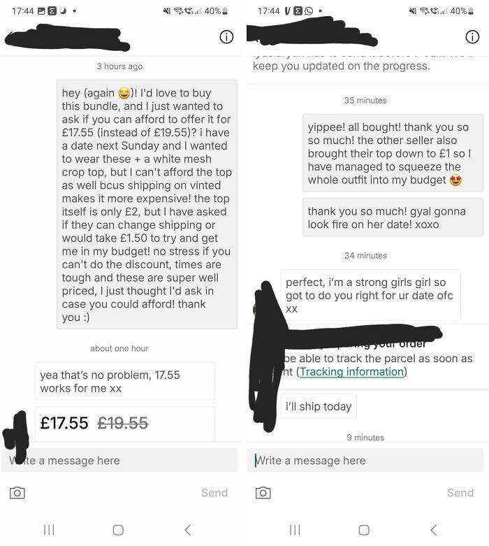 Chat conversation on Vinted negotiating prices and shipping, illustrating unhinged online selling behavior.