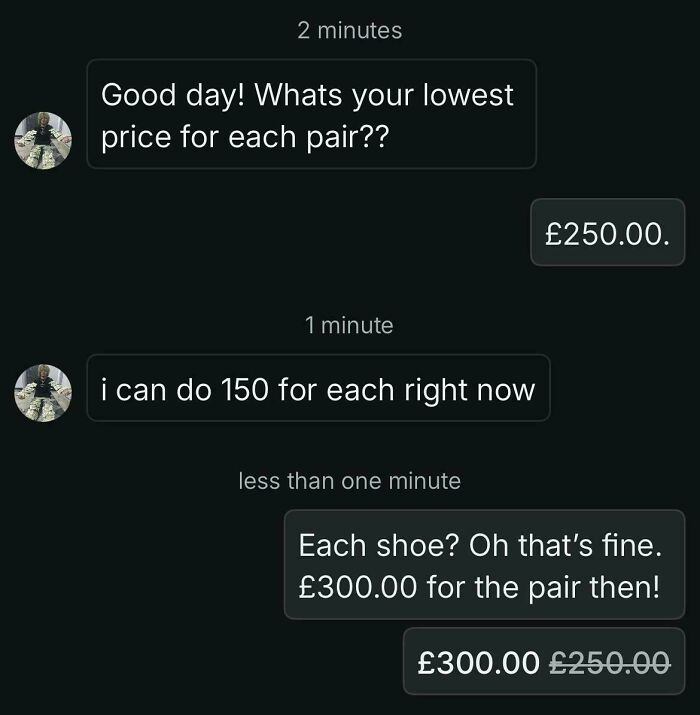 Chat conversation showing a wild Vinted negotiation with pricing confusion in online selling posts.