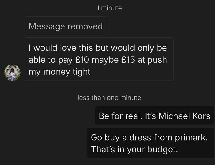 Conversation on Vinted showing a buyer negotiating low price for a Michael Kors item, illustrating unhinged online selling behavior.