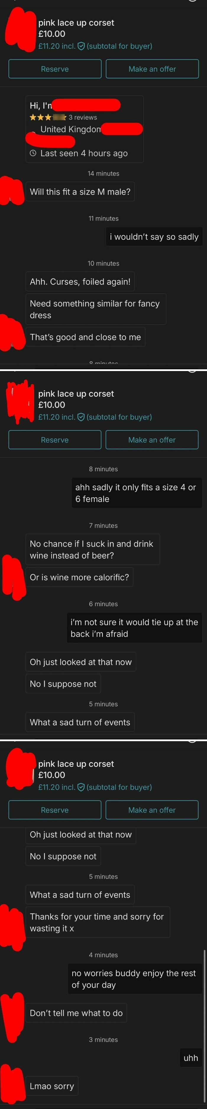 Chat conversation on Vinted showing unhinged buyer-seller messages about a pink lace-up corset’s fit and usage in online selling.