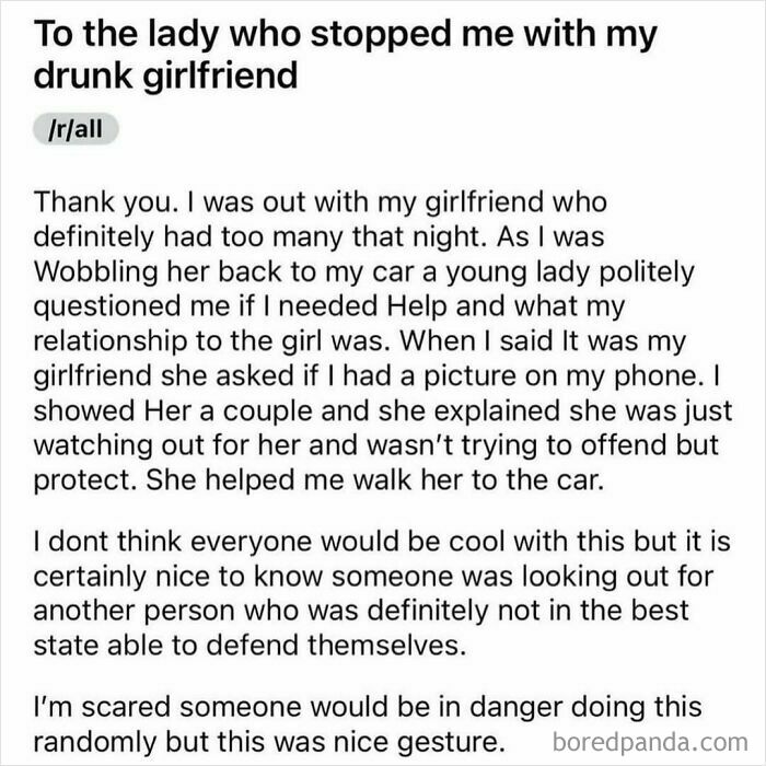 A relatable funny meme sharing a story about kindness while helping a drunk girlfriend safely to a car.