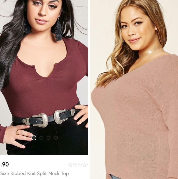 Two women posing in tops with noticeable Photoshop fails affecting proportions and shapes of their bodies.