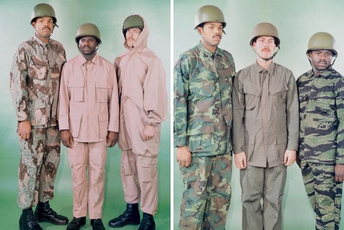 Three men wearing different military uniforms and helmets, illustrating funny moments wearing a uniform.