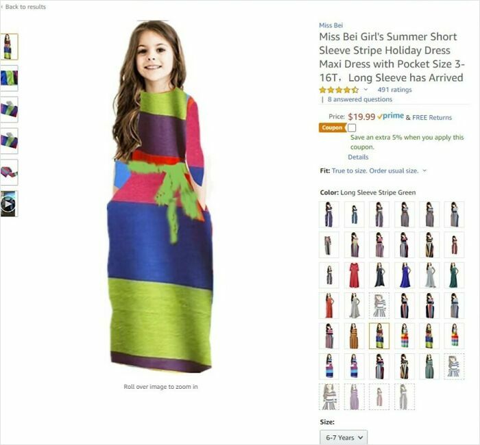 Girl modeling a dress with distorted and mismatched colors in a Photoshop fail on an online shopping page.