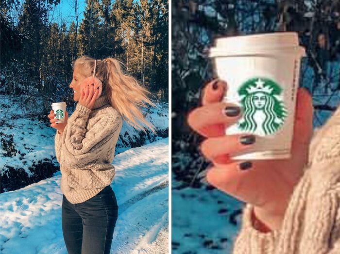 Woman wearing earmuffs and holding a Starbucks cup outdoors in snow, showcasing a subtle Photoshop fail in product placement.