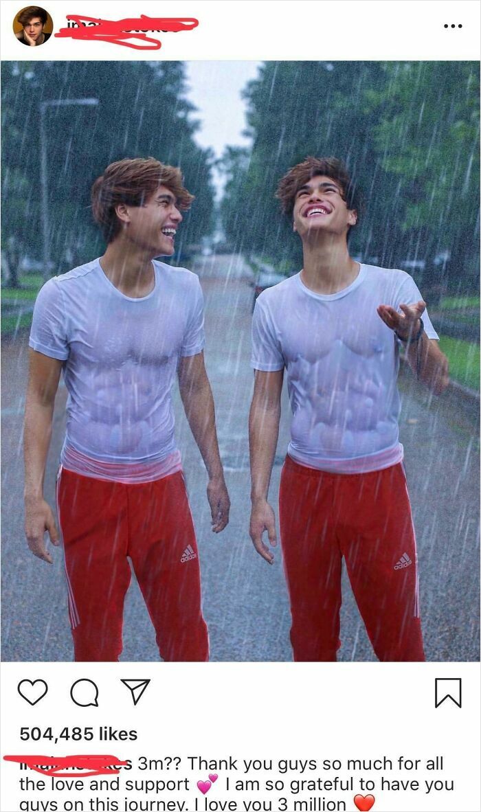 Two young men with identical faces wearing wet white shirts and red pants standing in the rain, showcasing Photoshop fails.