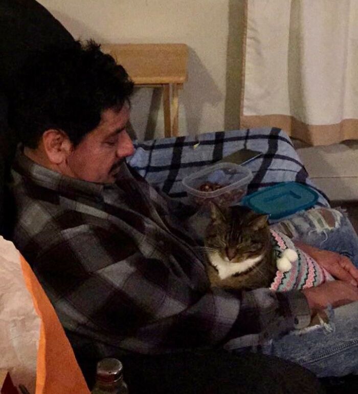 Man wearing plaid shirt sitting on couch holding a cat in a sweater showing dads who said no pets and became softies.