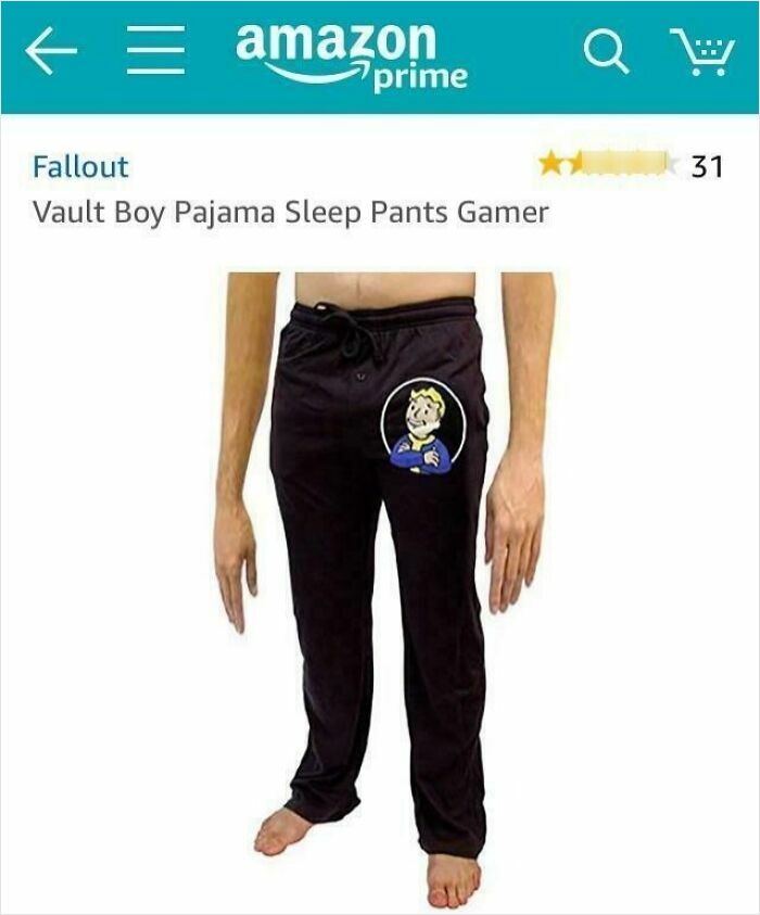 Amazon product image showing pajama pants with a misplaced Vault Boy graphic, an example of Photoshop fails.