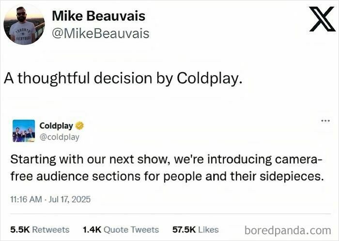 Tweet showing Coldplay announces camera-free audience sections, shared as a relatable funny meme about modern concert experiences.