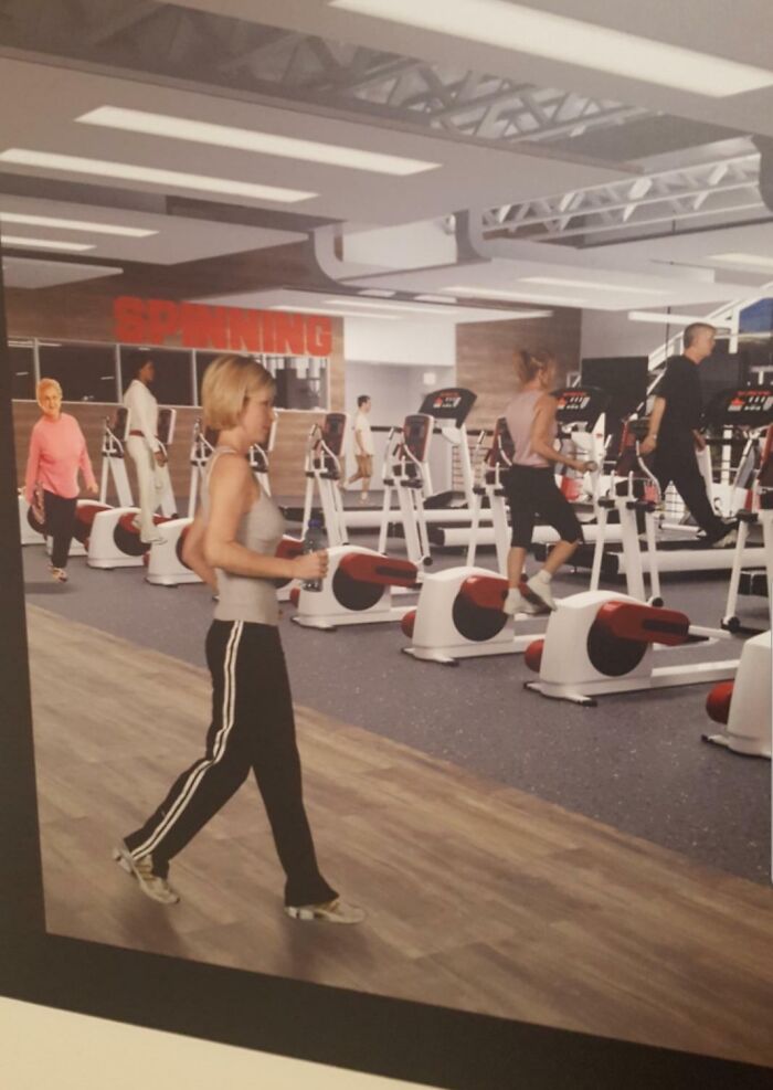 Woman with two arms walking in a gym filled with exercise machines, showcasing one of the worst Photoshop fails.