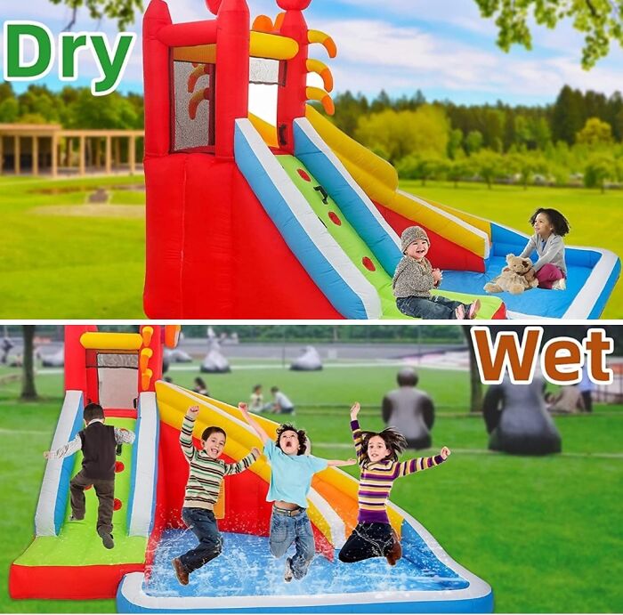 Kids playing on an inflatable slide with dry and wet areas, showcasing Photoshop fails in an outdoor park setting.