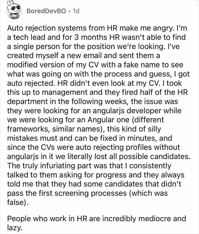 Screenshot of a Reddit post describing HR auto rejection systems causing major hiring issues, highlighting work nightmares in 2025.