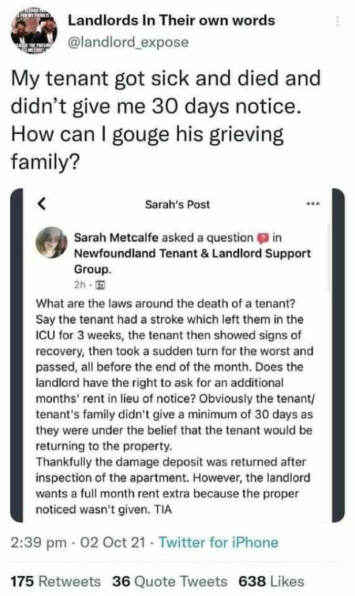 Screenshot of a landlord's cruel tweet demanding extra rent after a tenant's death, highlighting horrible landlord behavior.