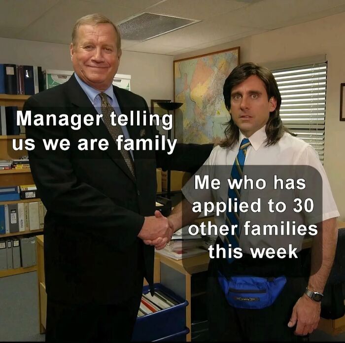 Two office workers shaking hands illustrating parts of working in 2025 that are a nightmare with awkward expressions.