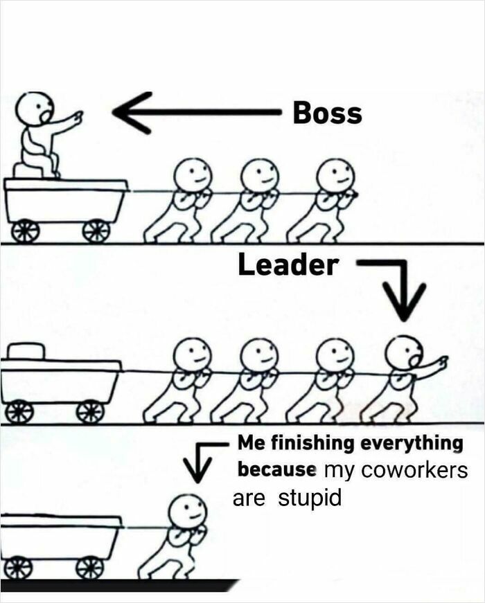 Boss versus leader cartoon illustrating teamwork struggles, highlighting parts of working in 2025 that are a nightmare.