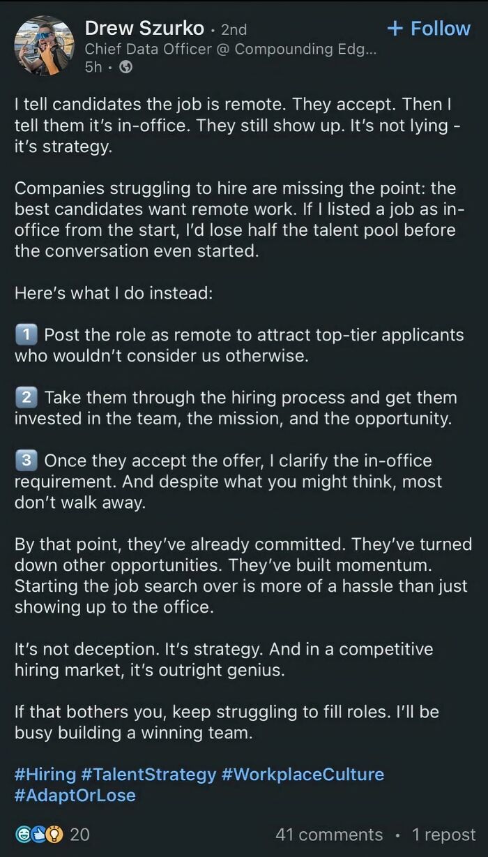 Post about hiring strategy highlighting challenges and tactics in remote work and talent in the nightmare of working in 2025.