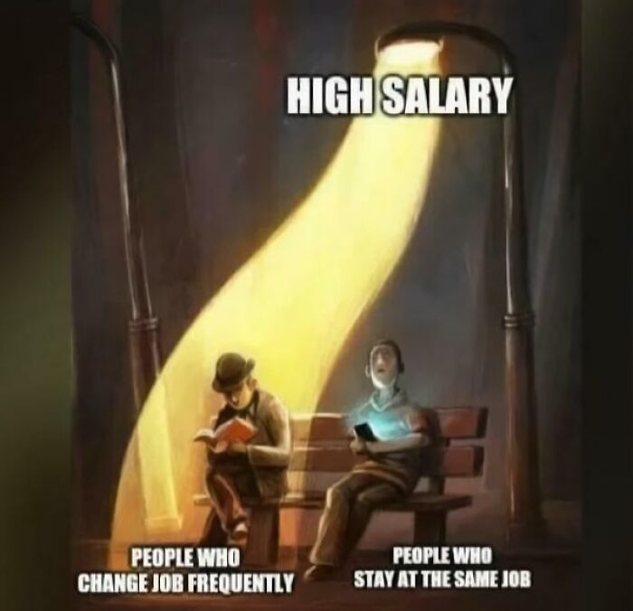 Two people sitting on a bench under a streetlight labeled high salary, showing challenges of working in 2025.