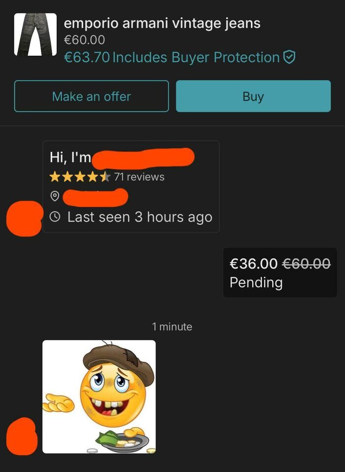 Chat exchange on Vinted showing price negotiation and a humorous begging emoji, illustrating unhinged online selling behavior.