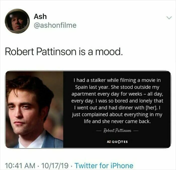 Meme featuring Robert Pattinson quote and a humorous Twitter post from Ash, part of super culture entertaining posts and memes.