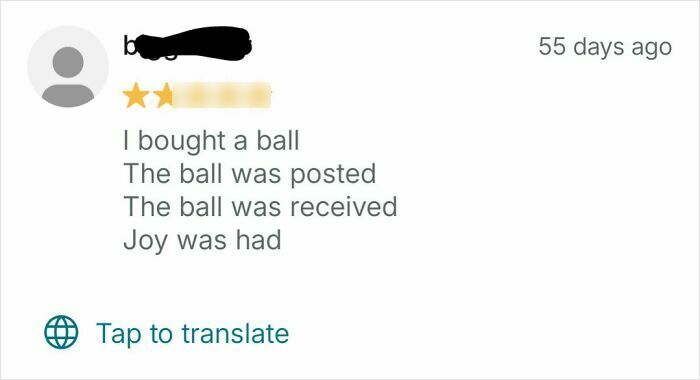 Screenshot of a Vinted review sharing a simple transaction with a ball, highlighting the unhinged nature of online selling posts.