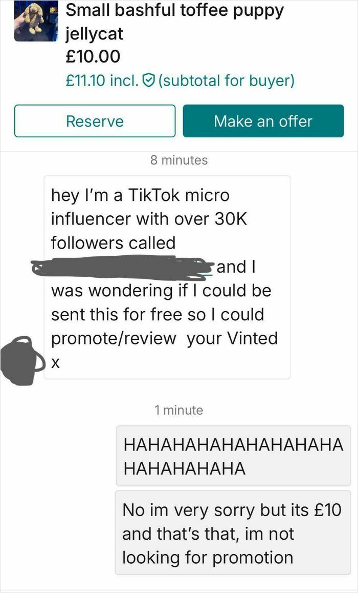 Screenshot of a Vinted conversation where a micro influencer asks for a free item in exchange for promotion.
