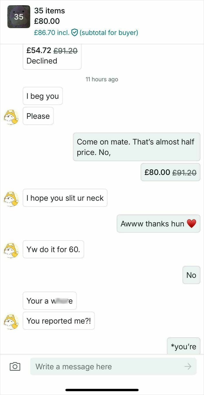 Chat conversation on Vinted showing a buyer's aggressive messages after a declined offer in online selling.