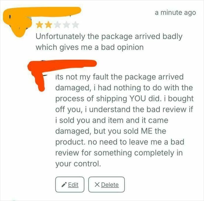 Conversation screenshot showing a dispute over a damaged package on an online selling platform, highlighting unhinged seller buyer drama.