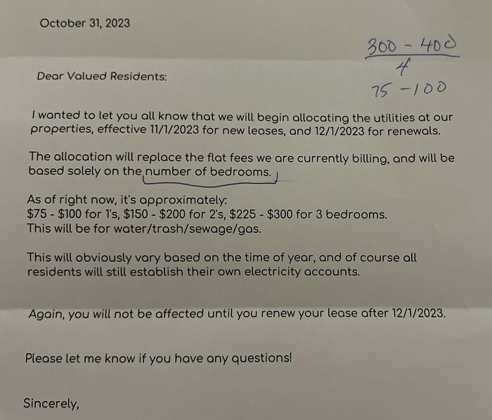 Letter from landlord notifying tenants about new utility allocation fees based on bedrooms, showing why some renters wanted to run away.