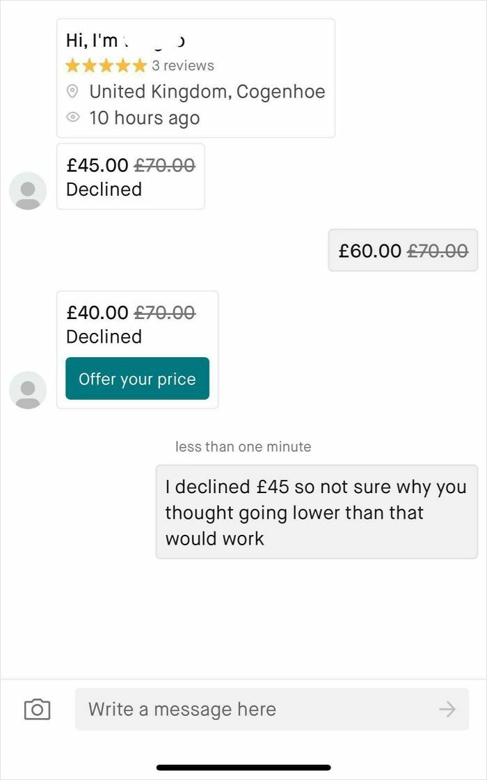 Chat conversation on Vinted showing declined offers with price negotiations illustrating unhinged online selling behavior.