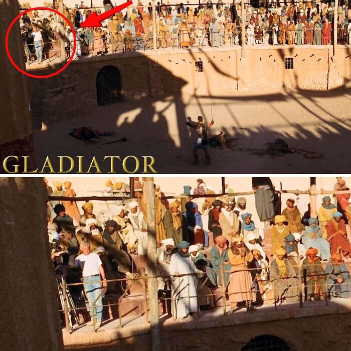Scene from Gladiator movie showing crowd watching arena fight with an anachronistic figure in modern clothes highlighted, super culture meme.