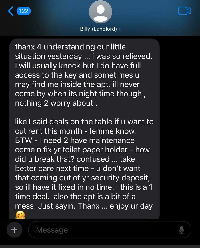 Screenshot of a landlord texting a tenant about apartment access, rent deals, and maintenance requests causing renter frustration.